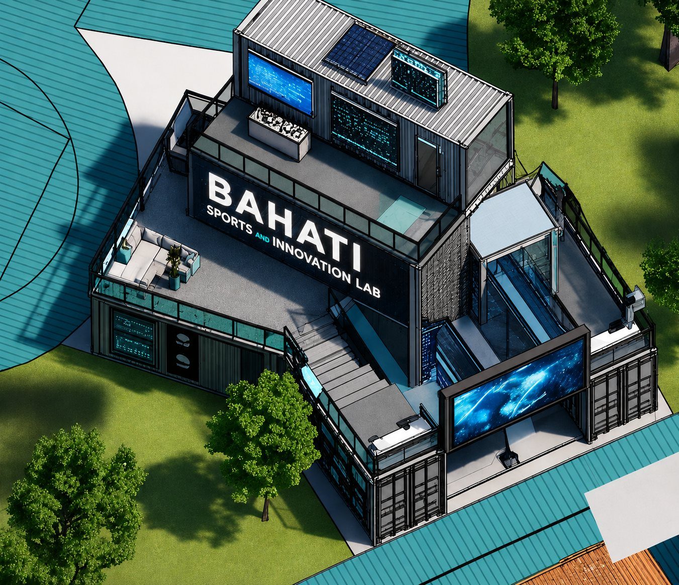 Aerial concept rendering of the multi-level Bahati Sports Innovation Lab container building with media walls and rooftop lounge.