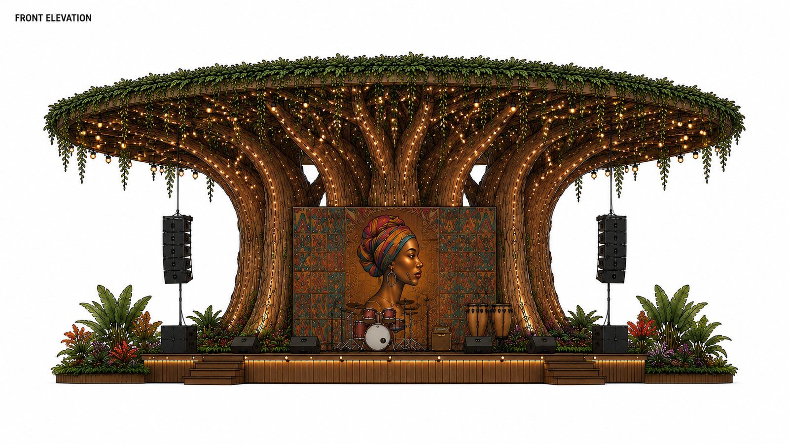 Front elevation drawing of the Baobab performance structure showing the canopy, stage backdrop, and planted base.