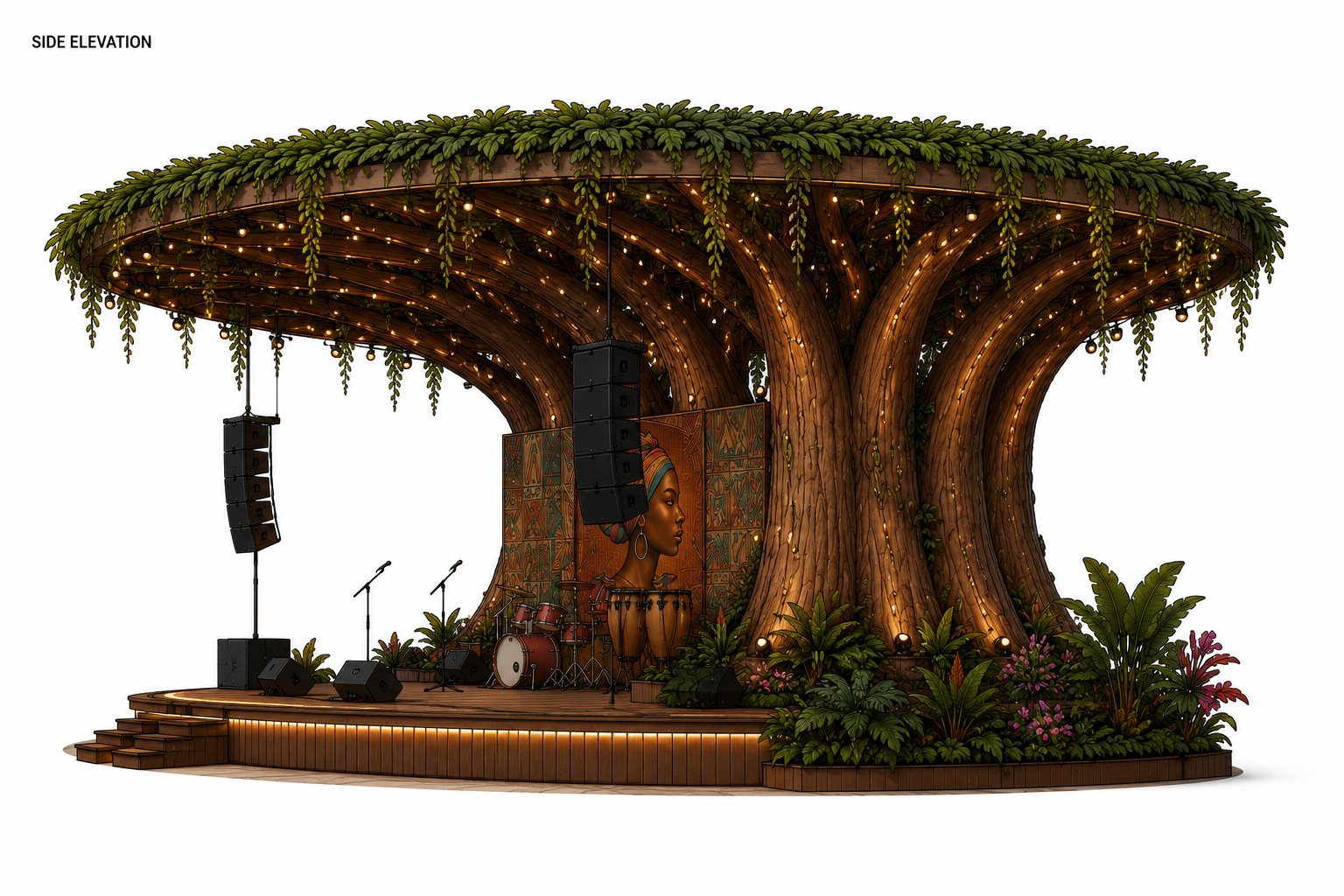 Side elevation drawing of the Baobab performance structure showing the trunk cluster, canopy depth, and stage decking.