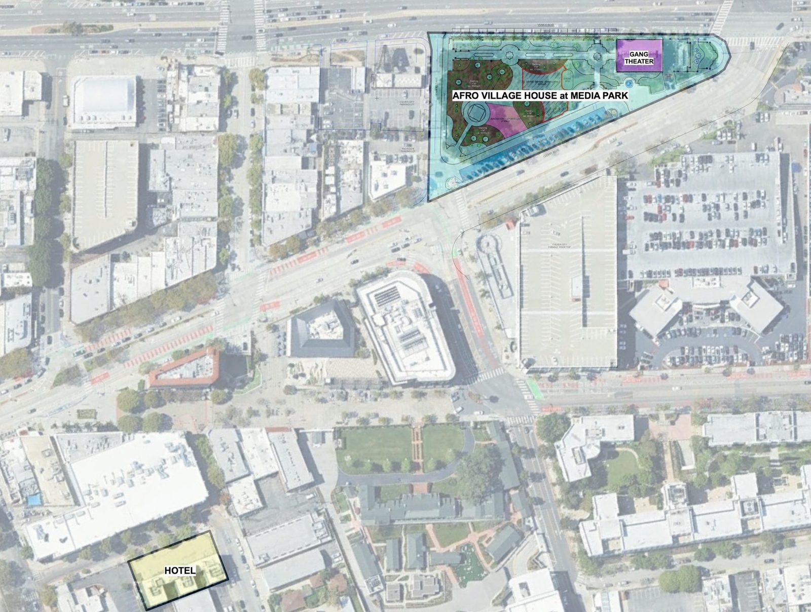 Aerial site plan showing the Afro Village House at Media Park footprint in Culver City, with the adjacent theater and nearby hospitality location marked.